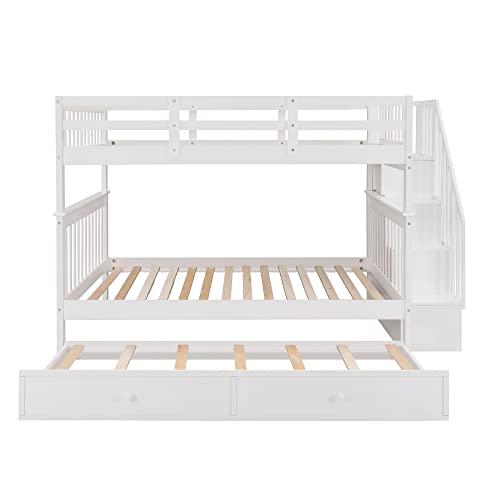 MERITLINE Wooden Bunk Bed Frame, Full Over Full Bunk Bed with Trundle, Bunk Beds with Stairs Full Size, Trundle Bunk Beds, Convertible Bunk Bed for Kids(White) MERITLINE