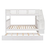 MERITLINE Wooden Bunk Bed Frame, Full Over Full Bunk Bed with Trundle, Bunk Beds with Stairs Full Size, Trundle Bunk Beds, Convertible Bunk Bed for Kids(White) MERITLINE