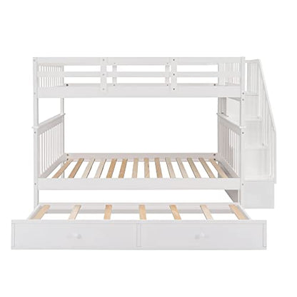 MERITLINE Wooden Bunk Bed Frame, Full Over Full Bunk Bed with Trundle, Bunk Beds with Stairs Full Size, Trundle Bunk Beds, Convertible Bunk Bed for Kids(White)