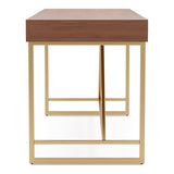 Homes: Inside + Out Lizon Modern 60 Inch Wood Desk With Drawers, Office Table With Storage, Vanity Without Mirror For Bedroom, Study Room, Dorm, Light Walnut Brown & Gold HOMES: INSIDE + OUT