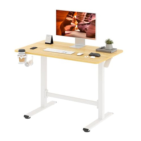 FitStand Pneumatic Standing Desk, 39.4" x 23.6" One-Piece Adjustable Height Home Office Desk, Rolling Computer Workstation with Hooks & Cup Holder,2 Rear-Mounted Hidden Casters, Maple FitStand