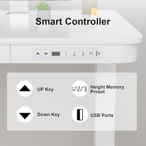 Furmax Electric Standing Desk with Drawer 48 x 24 Inch Adjustable Height Stand up Desk One-piece Board Pre-assembled Home Office Computer Desk with USB Ports, White - WoodArtSupply