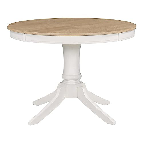 Dinehome 5-Piece Wooden Round Extendable Dining Table and 4 Upholstered Chairs Set for Kitchen Living Room, Retro Style, Off White - WoodArtSupply