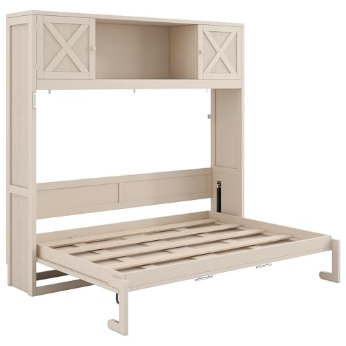 TCMILA Full Size Murphy Cabinet Bed with Storage Shelf and Cabinet Built-in Door, Folded Horizontal Murphy Hidden Bed, No Box Spring Needed, Beige TCMILA