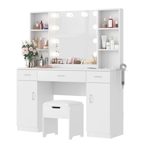 Vabches Makeup Vanity Table with Lighted Mirror & Power Strip, Large Vanity Set Vanity Desk with Storage Stool, 3 Lighting Modes, Brightness Adjustable, 45.2in(L) Vabches