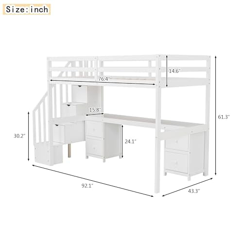 Harper & Bright Designs Twin Size Loft Bed with Stairs and Desks, Wood Loft Bed Frame with Storage Drawers, White Harper & Bright Designs
