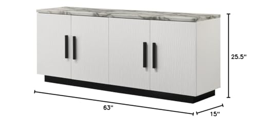 Lilola Home Matilda 63-inch White Cabinet Console Table with Faux Marble Top – Modern 4-Door Storage Design with Adjustable Shelves and Black Contrasting Base for Living Room or Entryway LILOLA LIVING