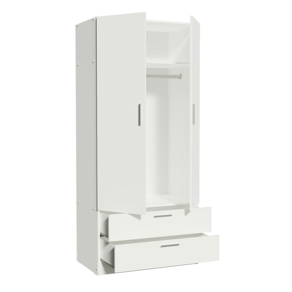 Madesa 2 Door 2 Drawer Storage Cabinet Wardrobe with Shelf and Hanging Space 31" L Wooden Armoire Closet Organization Unit for Bedroom and Office - White Madesa