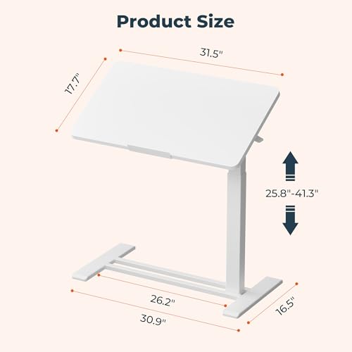 FitStand Medical Adjustable Overbed Bedside Table with Casters 90° Tilting Desktop Pneumatic Mobile Rolling Laptop Computer Standing Desk Cart with Tray, Hospital Table(31.5" W x 17.7" D, White) FitStand