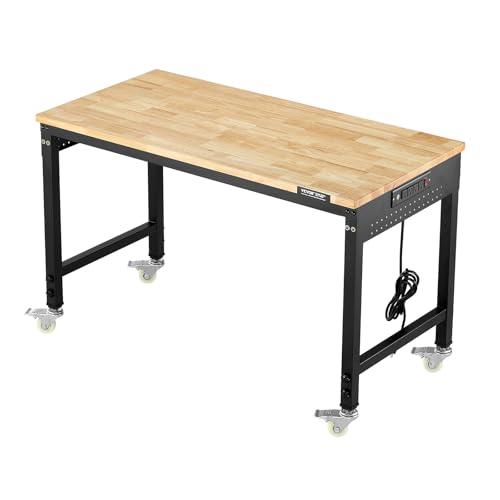 VEVOR Adjustable Workbench, 48-Inch Work Bench with Power Outlet, Wheels, and Pegboard, 2000 lbs Load Heavy Duty Oak Wood Top Work Table for Garage, Workshop, Office, and Home VEVOR