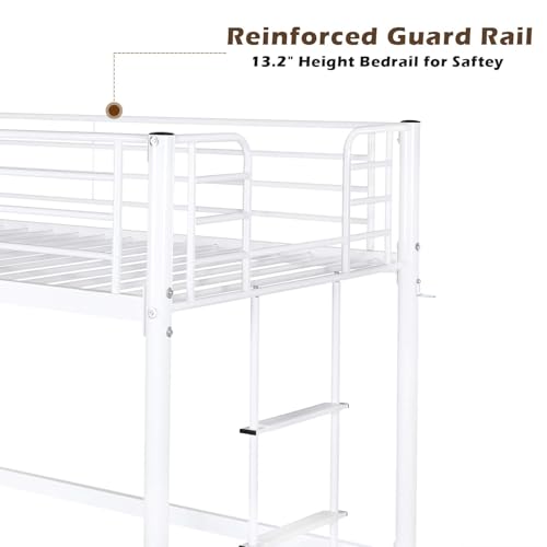 Bonnlo Metal Loft Bed with Stairs and Flat Rung, Junior Bed Full Size High Loft Bed for Kids/Teens/Adults, No Box Spring Required, White Bonnlo