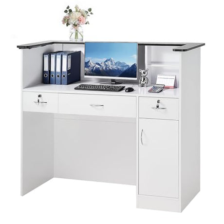 VEVOR Reception Desk, 50 inch Rectangular Front Counter Table, Modern Office Reception Desk with Light Strip, 3 Drawers & Storage Cabinets, Retail Counter Table for Checkout, Lobby, Salon, Office VEVOR