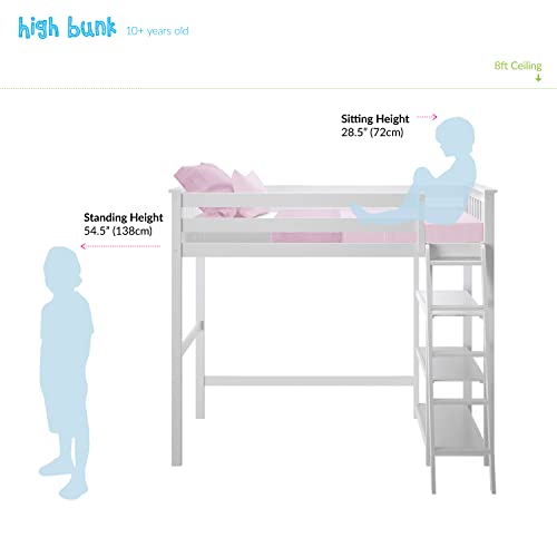 Max & Lily High Loft Bed, Twin Bed Frame For Kids With Bookcase, White Max & Lily