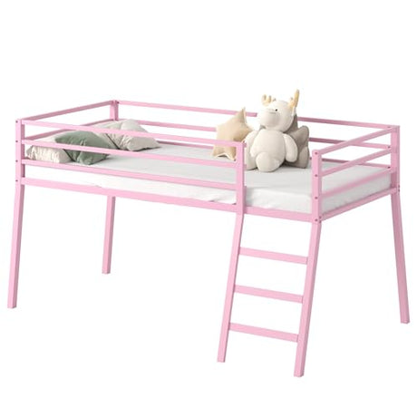 Lutown-Teen 43 inch High Metal Twin XL Loft Bed with Stairs and Guardrail for Juniors, Space Saving Loft Bed for Small Bedroom, Pink Lutown-Teen