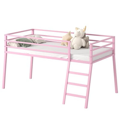 Lutown-Teen 43 inch High Metal Twin XL Loft Bed with Stairs and Guardrail for Juniors, Space Saving Loft Bed for Small Bedroom, Pink