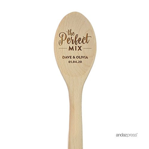 Andaz Press Personalized Laser Engraved Wooden Mixing Spoon, 12-inch, The Perfect Mix Dave & Olivia 01.04.20, 1-Pack, Custom Names and Date - WoodArtSupply