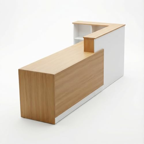JYUREO L-Shaped Reception Desk with Counter and Lockable Drawers and Storage,Modern Front Desk Reception Counter for Checkout, Lobby, Beauty Salon (L-European Oak+White, 110.24inx39.4inx39.4in) JYUREO