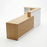 JYUREO L-Shaped Reception Desk with Counter and Lockable Drawers and Storage,Modern Front Desk Reception Counter for Checkout, Lobby, Beauty Salon (L-European Oak+White, 110.24inx39.4inx39.4in) JYUREO