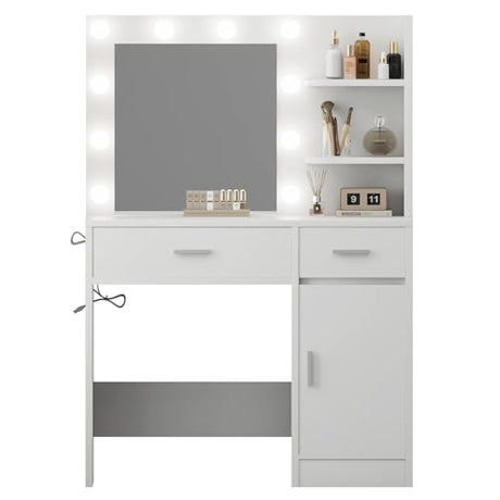 LIVELYGLOW Vanity Desk with Mirror and Lights, Makeup Vanity with Drawer & Storage Shelves, Cabinet, 3 Lighting Modes Adjustable Brightness, Bedroom Dressing Table, White LIVELYGLOW