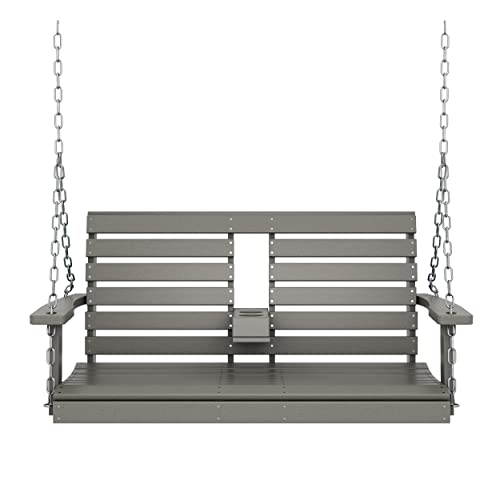 KINGYES Outdoor Hanging Porch Swing, 2 Seat Patio Swing Chair with Cup Holders, Waterproof Swing Chair Bench for Courtyard & Garden, 660LBS Weight Capacity, Gray KINGYES