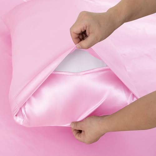 NSGZ 2 Pcs Satin Fitted Sheet and Pillowcase Set, Twin Silky Bottom Bedsheet Fit up to 15 Inch Deep Pocket Mattress, Pink Soft Satin Bedding Includes 1 Fitted Sheet and 1 Pillowcases NSGZ