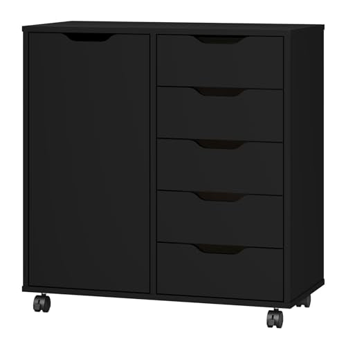 Panana 5-Drawer Chest with 1 Door, Wooden Chest of Drawers Storage Dresser Cabinet with Wheels, Office Organization and Storage, Bedroom Furniture (Black-S)