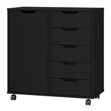 Panana 5-Drawer Chest with 1 Door, Wooden Chest of Drawers Storage Dresser Cabinet with Wheels, Office Organization and Storage, Bedroom Furniture (Black-S) Panana