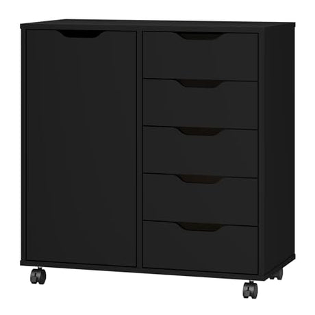 Panana 5-Drawer Chest with 1 Door, Wooden Chest of Drawers Storage Dresser Cabinet with Wheels, Office Organization and Storage, Bedroom Furniture (Black-S) Panana