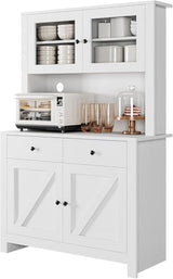 GarveeHome Kitchen Pantry Cabinet with Microwave Stand, Freestanding Hutch Cabinet with Buffet Cupboard, Tall Kitchen Cabinets with Adjustable Shelves for Dining Room, White GarveeHome