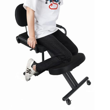 Ergonomic Kneeling Chair with Back Support and Foot Pedals — Adjustable Posture Stool for Back Pain Relief, Rolling Kneeling Chair for Home & Office, Extra Comfort Cushion, Angled Design R&I Services