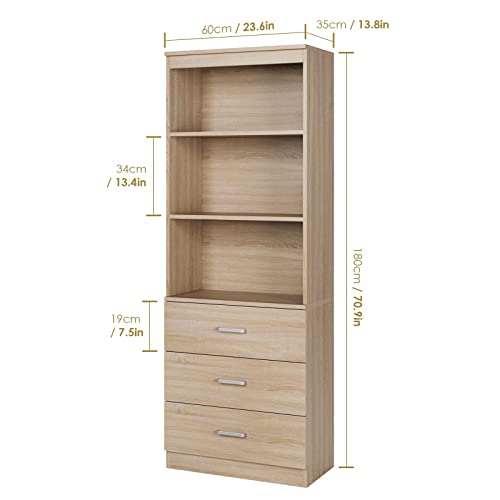 FOTOSOK 71 Inches Tall Storage Cabinet, Bookcase with 3 Drawers and 3-Tier Open Shelves, Wooden Bookshelf Storage Organizer for Living Room, Study, Kitchen, Home Office, Oak