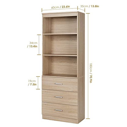 FOTOSOK 71 Inches Tall Storage Cabinet, Bookcase with 3 Drawers and 3-Tier Open Shelves, Wooden Bookshelf Storage Organizer for Living Room, Study, Kitchen, Home Office, Oak