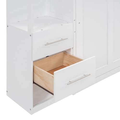 Ball & Cast Murphy Bed Full Size,Wall Bed with Shelves,can be Folded,Wood Cabinet Hideaway Bed Frame W/Drawers and LED Lights,Slat Support,for Kids Bedroom,Student,White Ball & Cast