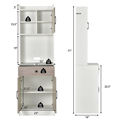 Giantex Pantry Organization and Storage, Tall Buffet Hutch Cabinet with Drawer Cabinet Shelf, High Cupboard Sideboard, Stationary Microwave Stand, Wood Countertop (White & Natural) - WoodArtSupply