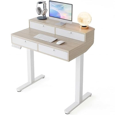 HUANUO 32 x 20 inch Electric Standing Desk with 4 Drawers, Adjustable Height Sit Stand Home Office Desk, C-Clamp Mount Compatible, Ergonomic Stand up Desk with 4 Preset Heights, Natural