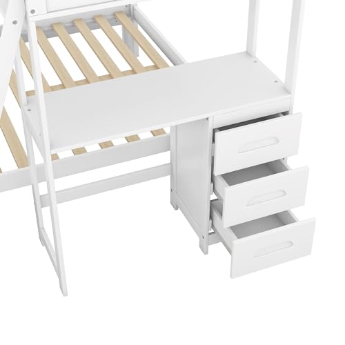 KTATK Twin Over Full Bunk Bed with Built-in Desk and Three Drawers,Pine Wood Convertible Twin Over Full L-Shaped Loft Bunk Bed Frame for Kids Teens Adults,White KTATK