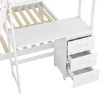 KTATK Twin Over Full Bunk Bed with Built-in Desk and Three Drawers,Pine Wood Convertible Twin Over Full L-Shaped Loft Bunk Bed Frame for Kids Teens Adults,White KTATK