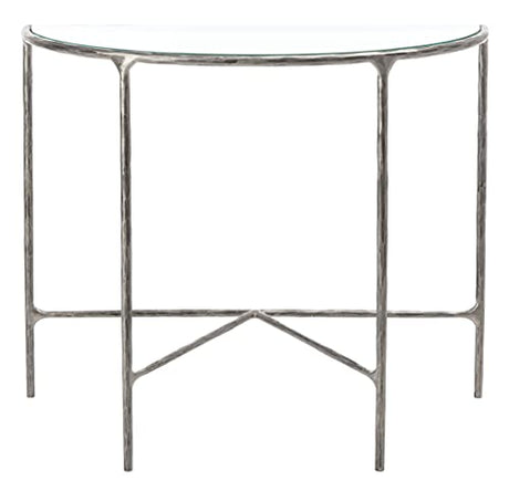 SAFAVIEH Couture Home Collection Jessa Silver Metal/Tempered Glass Top Half Moon Entryway Living Room Console Table (Fully Assembled) SAFAVIEH