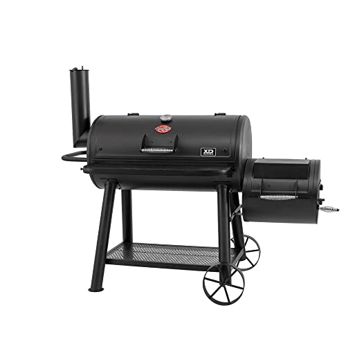 Char-Griller® Grand Champ Charcoal Offset Grill and Smoker, Premium Heavy Duty Steel, Folding Front Shelf, Barrel Grill with Side Firebox, Black, Model 8250 Char-Griller