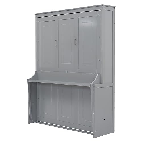 FAVSH Queen Size Murphy Bed with Shelf, Modern Solid Pine Wood Wall Bed, Space-Saving Hidden Bed,Fold-The-Way Bed for Bedroom,No Box Spring Needed,Grey FAVSH
