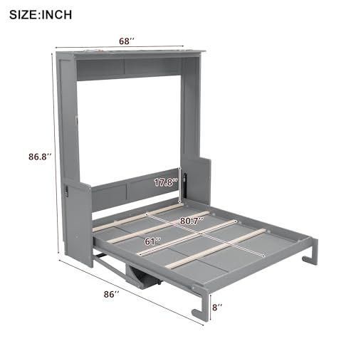 Merax Queen Size Murphy Bed with Small Storage Shelf(AS Desk), Wall Murpht Bed Cabinet Queen with Lights and USB Charging Station, No Box Spring Needed, Gray Merax