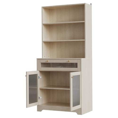 MilleLoom 62" Pantry Cabinet with Storage Drawers, Farmhouse Kitchen Hutch Bar Cabinet with 3-Tier Open Shelf & Microwave Stand, Kitchen Cupboard with Glass Door for Dining/Living Room, Wood MilleLoom