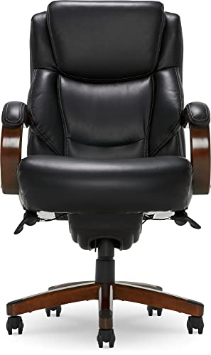 La-Z-Boy Delano Big & Tall Executive Office Chair, High Back Ergonomic Lumbar Support, Bonded Leather, Black with Mahogany Wood Finish - WoodArtSupply