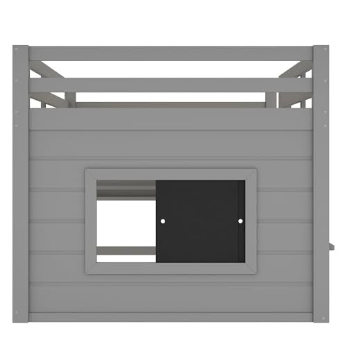 Bellemave Full Size Loft Bed for Kids with Sliding Chalkboard & Bookshelf, Sturdy Wooden Full Loft Bed Frame with Safety Guardrails, Space Saving Kids Loft Beds with Under-Bed Play Space, Grey Bellemave