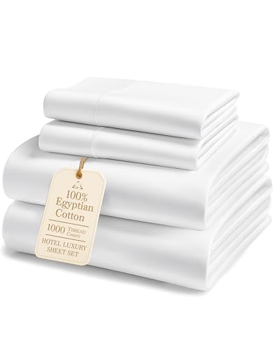 100% Egyptian Cotton Sheets King Size - 1000 Thread Count Silky Sateen King Size Sheets Set, Naturally Cooling & Breathable, Ultra-Soft Hotel Luxury Sheets with 15" Snug Fit Deep Pockets - White LANE LINEN