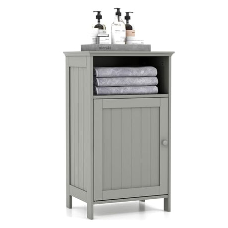CLEEMAN Bathroom Storage Cabinet, Freestanding Wooden Bathroom Floor Cabinet with Door, Open Shelf, 3-Level Adjustable Shelf, Multipurpose Side Storage Organizer for Living Room, Kitchen (Grey) CLEEMAN