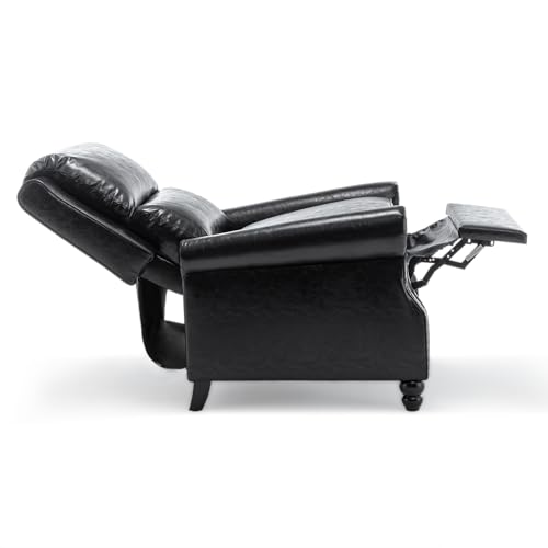 Pushback Recliner Chair, Faux Leather Wingback Recliner Chair, Upholstered Armchair Push Back Recliner with Wood Legs, Rivet Trim Single Sofa Accent Chair for Living Room, Bedroom, Black