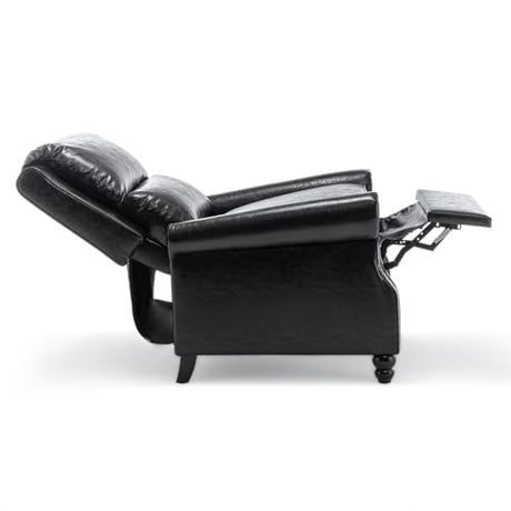 Pushback Recliner Chair, Faux Leather Wingback Recliner Chair, Upholstered Armchair Push Back Recliner with Wood Legs, Rivet Trim Single Sofa Accent Chair for Living Room, Bedroom, Black Qatiby