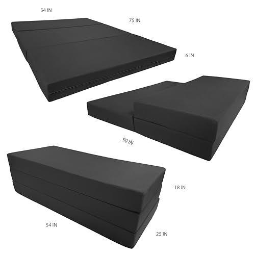 D&D Futon Furniture Black Full Size Shikibuton Trifold Beds 6 x 54 x 75, High Density Resilient White Foam 1.8 lbs, Floor Folding Mats D&D Futon Furniture