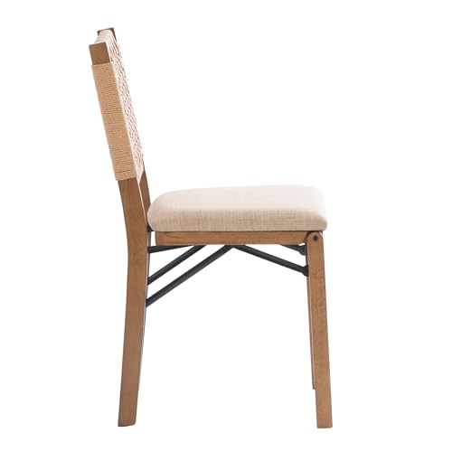 Linon Bennett Natural Folding Chair with Woven Rope Back and Linen Upholstered Seat Set of 2 - WoodArtSupply